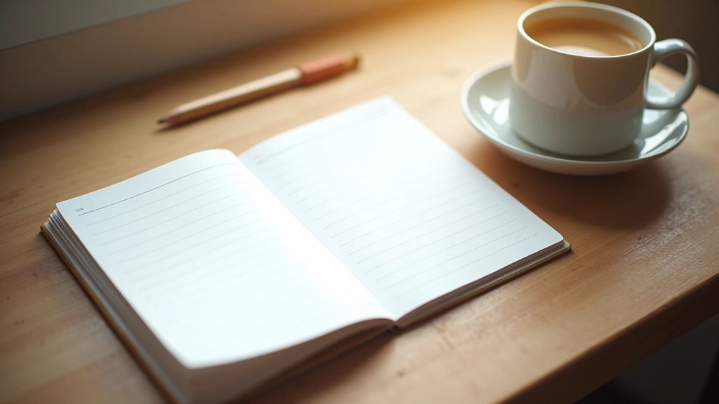 Agenda ouvert sur un bureau avec un crayon et une tasse de café, vue de dessus