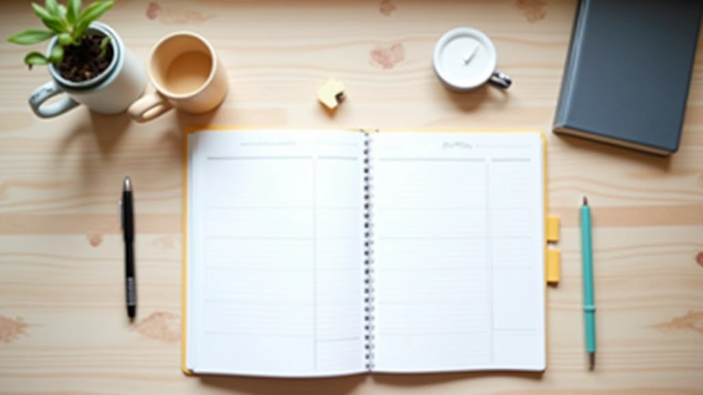 Bureau organisé avec un agenda ouvert, stylo et tasse de café, vue de dessus professionnelle