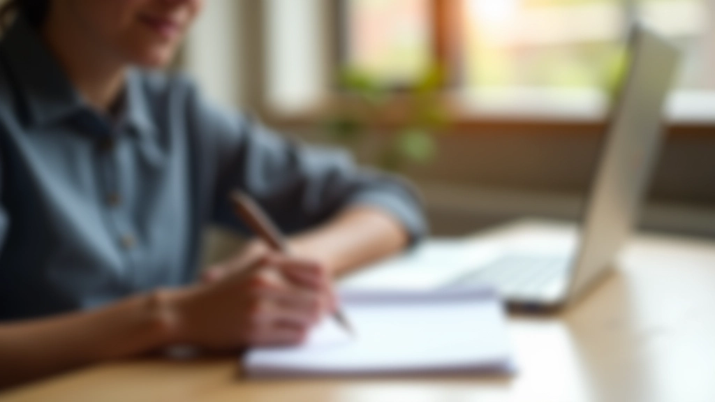 Personne prenant des notes dans un carnet, lumière naturelle douce, environnement calme de travail, focus net