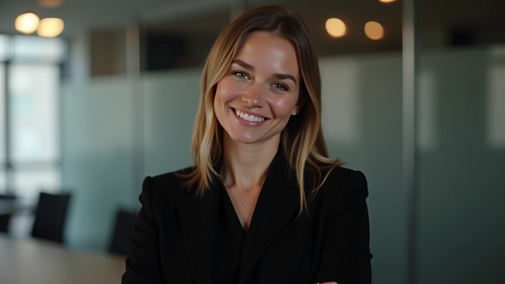 Femme coach en productivité, portrait depuis la poitrine, tenue professionnelle noire, bureau moderne, expression bienveillante
