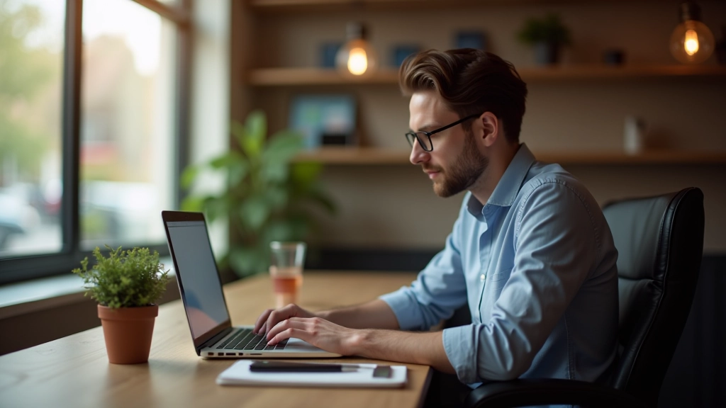 Personne travaillant sur un ordinateur portable dans un café, environnement calme et organisé